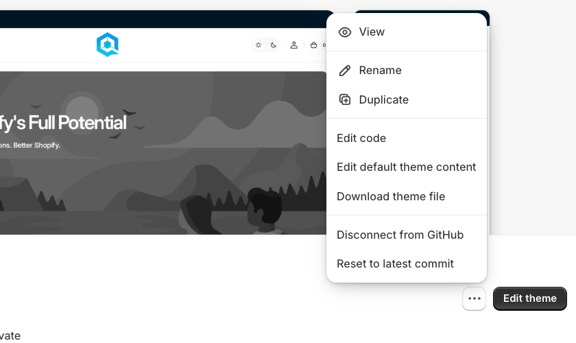 The theme card's ⋯ menu open in the Shopify admin, with Download theme file among the options.